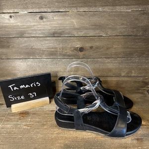Womens Tamaris Black Leather Comfort Sandals Shoes‎ Size EUR 37 US 6 M GUC